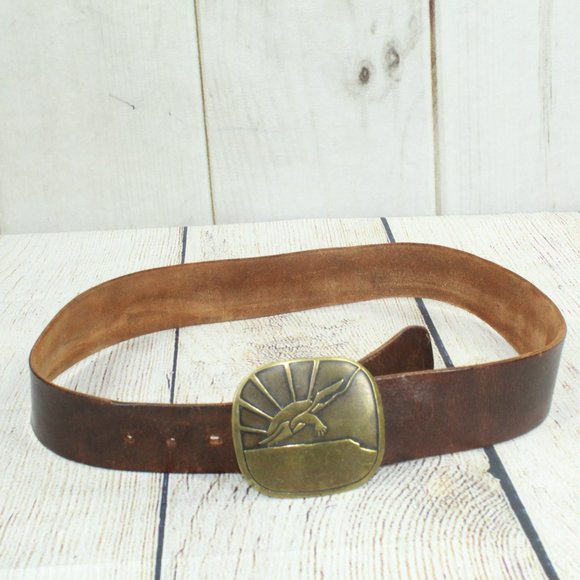 Vintage Brown Leather Belt with Solid Brass Eagle Buckle Size S - Picture 2 of 12